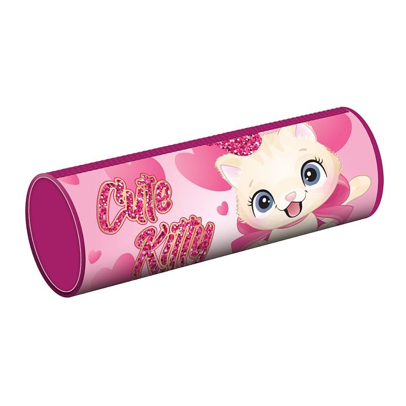 Penar tubular cu fermoar, model cu sclipici Cute Kitty, 21.5x7.3x7.3 cm, roz - imagine 4